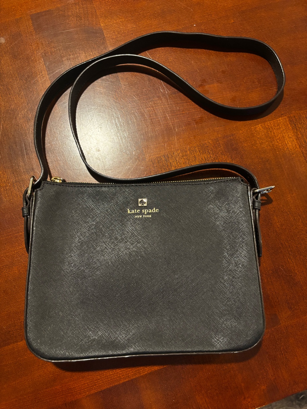 Kate Spade Black Saffiano Slim Crossbody with Gold Logo Plate